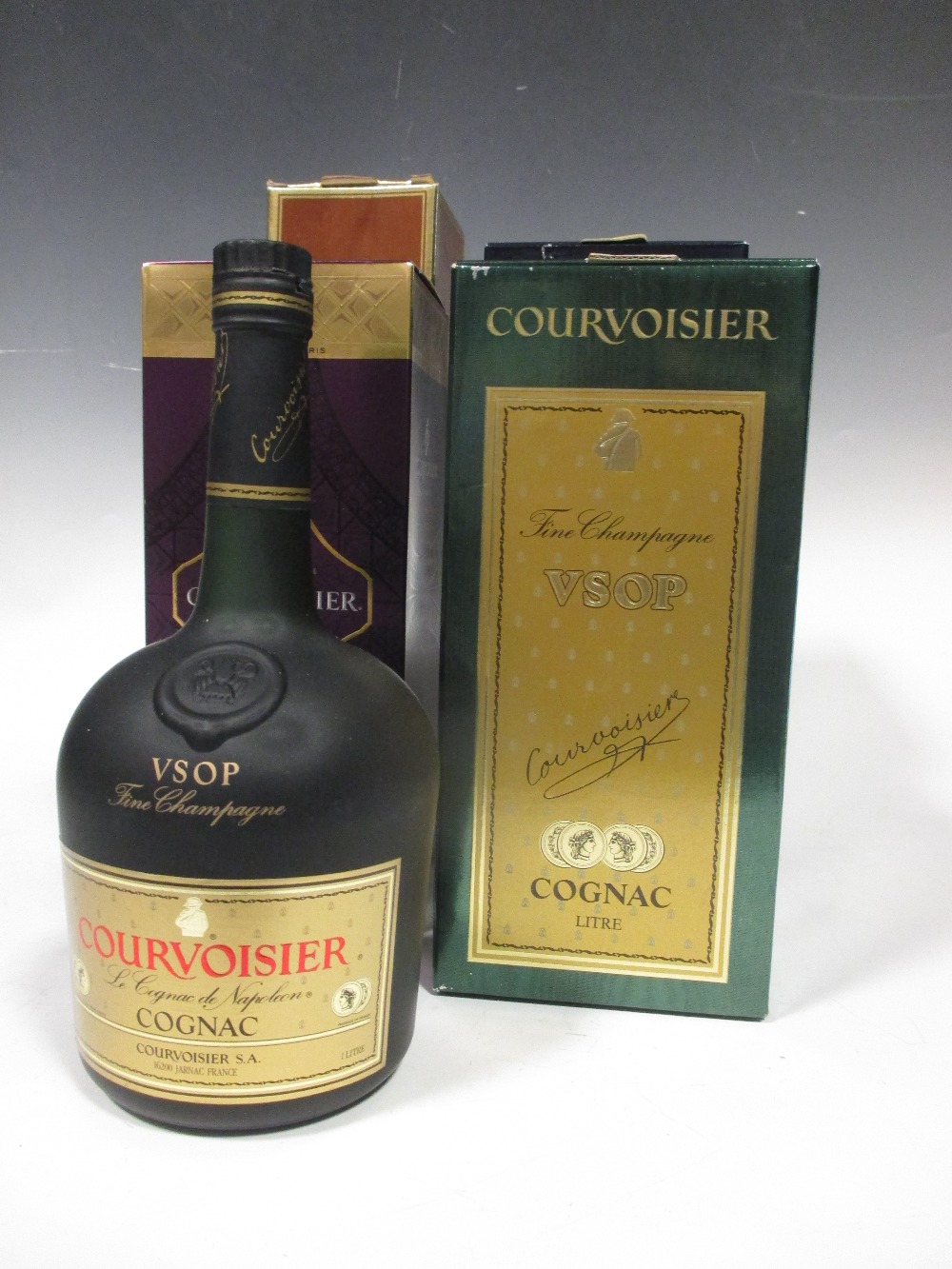 Cognac, four bottles Courvoisier VSOP (x2), VS, and Hennessy VSOP, and boxes (3 of 1 litre and 1