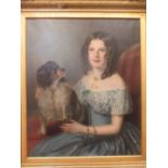 English School- 19th century, portait of a girl in ringletts with a pet dog