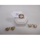 A 9ct ring together with a pair of white hardstone earrings stamped 750 and a pair of mother of