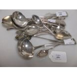 Mixed silver flatware, mostly teaspoons, and including a pair of early 19th century sauce ladles,