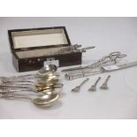 A small quantity of silver and EPNS flatware to include a pair of grape snips, novelty salt spoons