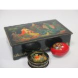 Two Russian painted lacquer boxes dated 1959 and 1994, 20cm wide and 6cm diameter, together with a