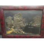 A pair of Chinese lacquer framed panels, landscpae and river landscapes, another pair and smaller