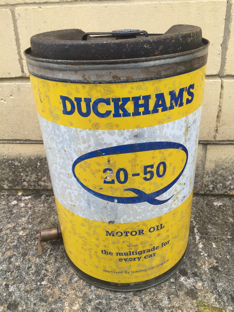 A Duckhams 20-50 Motor Oil five gallon drum.