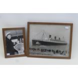 A black and white photograph of the Queen Mary and a signed photograph of the ship's captain.