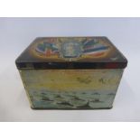 A Ridgways "Peace" Tea Canister, showing scenes to each side relating to WWI, including the
