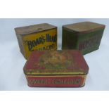 A "Boar Head" Tobacco tin, a Faulkner's Nosegay tobacco tin and another for Squirrel Confections.