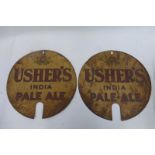 A pair of Usher's India Pale Ale circular tin beer barrel ends, each 14" diameter.