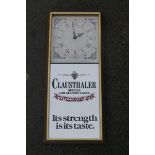 A decorative advertising rectangular wall clock, promoting Clausthaler lager, 9 x 21".