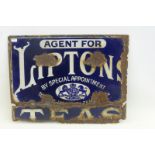 A small Liptons Teas double sided enamel sign with central Royal coat of arms, lacking hanging