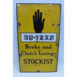 A Nu-Texa Brake and Clutch Linings Stockist rectangular enamel sign, 14 x 25".