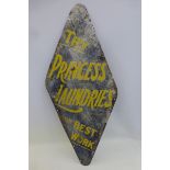 A Princess Laundries "for best work" shaped enamel sign for staircase, 18 1/4 x 37".