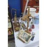 A collection of pharmaceutical equipment including scales, a miniature sink etc.