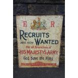 A WWI Recruits Wanted rectangular tin advertising sign, 31 3/4 x 25 3/4".