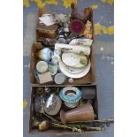 Three boxes of assorted mixed collectables, ceramics, glassware and metalware.