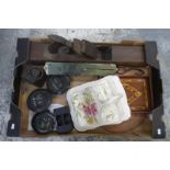 A box of mixed collectables including Avery weights,a box plane and a set of class II Salter