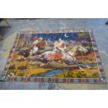 A large printed tapestry silk wall hanging depicting an Arabian scene with horsemen escaping with