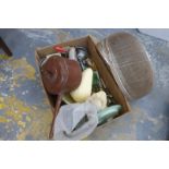 A box of assorted kitchenalia of various ages including wire work food covers.