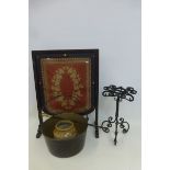 A leather framed needlework tapestry fire screen and a brass preserving pan etc.