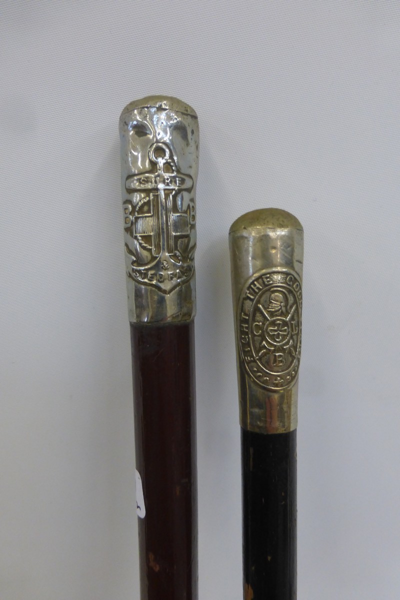 A Church Lad's Brigade C.L.B. swagger stick and a Boy's Brigade B.B. swagger stick.