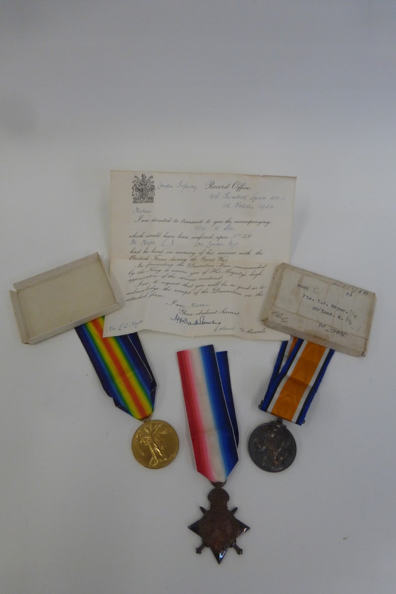 A WWI Casualty Medal trio with paperwork to 2981 PTE. L. J. Mayer, 20 LOND. R. who died on 31st