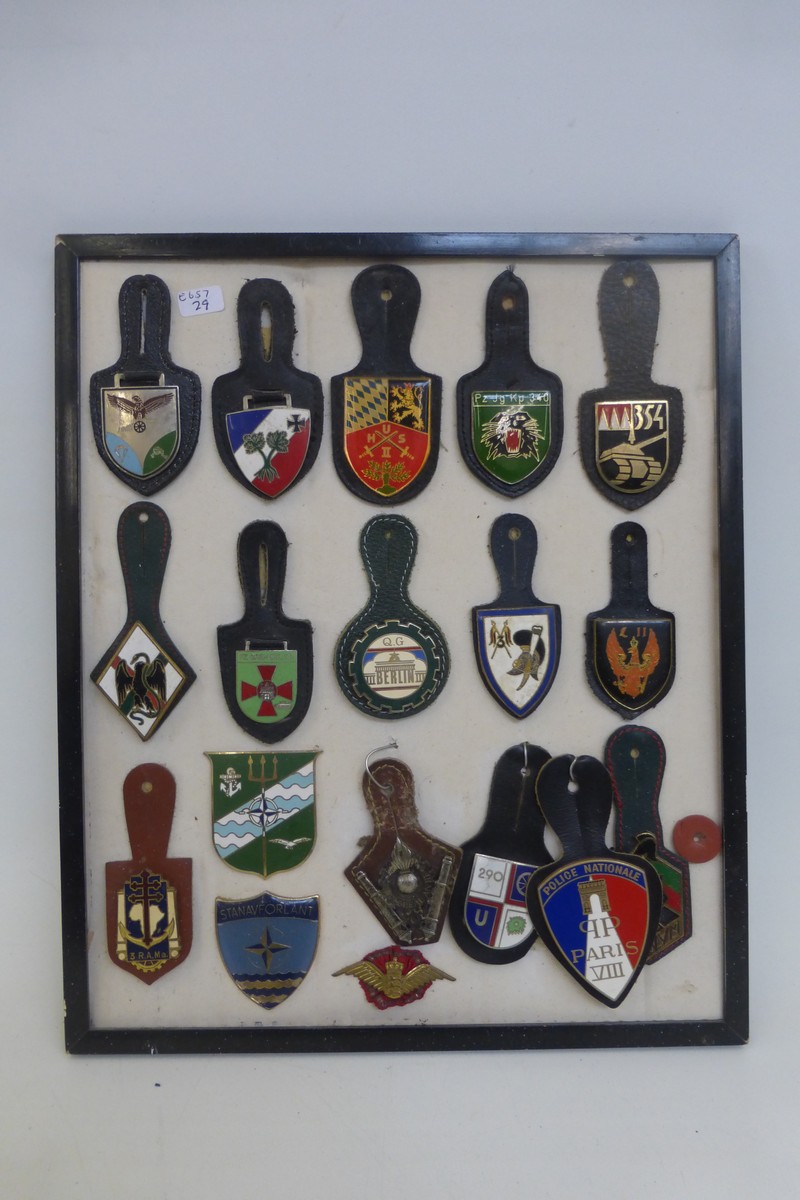 A framed display of eighteen French military badges.