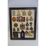 A framed display of 22 assorted military badges.