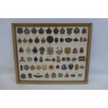 A framed display of 64 mainly British and Canadian cap badges.