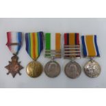 A Boer War and WW1 medal group to an officer in the 19th Hussars consisting of QSA with four