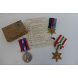 WW2 medal group of three including mention in despatches oak leaf with certificate and posting box.