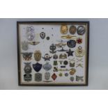 A framed display of assorted military and police badges.