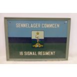 A painted wooden regimental sign 16 Signal Regiment, 37 1/2 x 25 1/4".