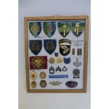 A framed display of military badges including U.S. Airborne.