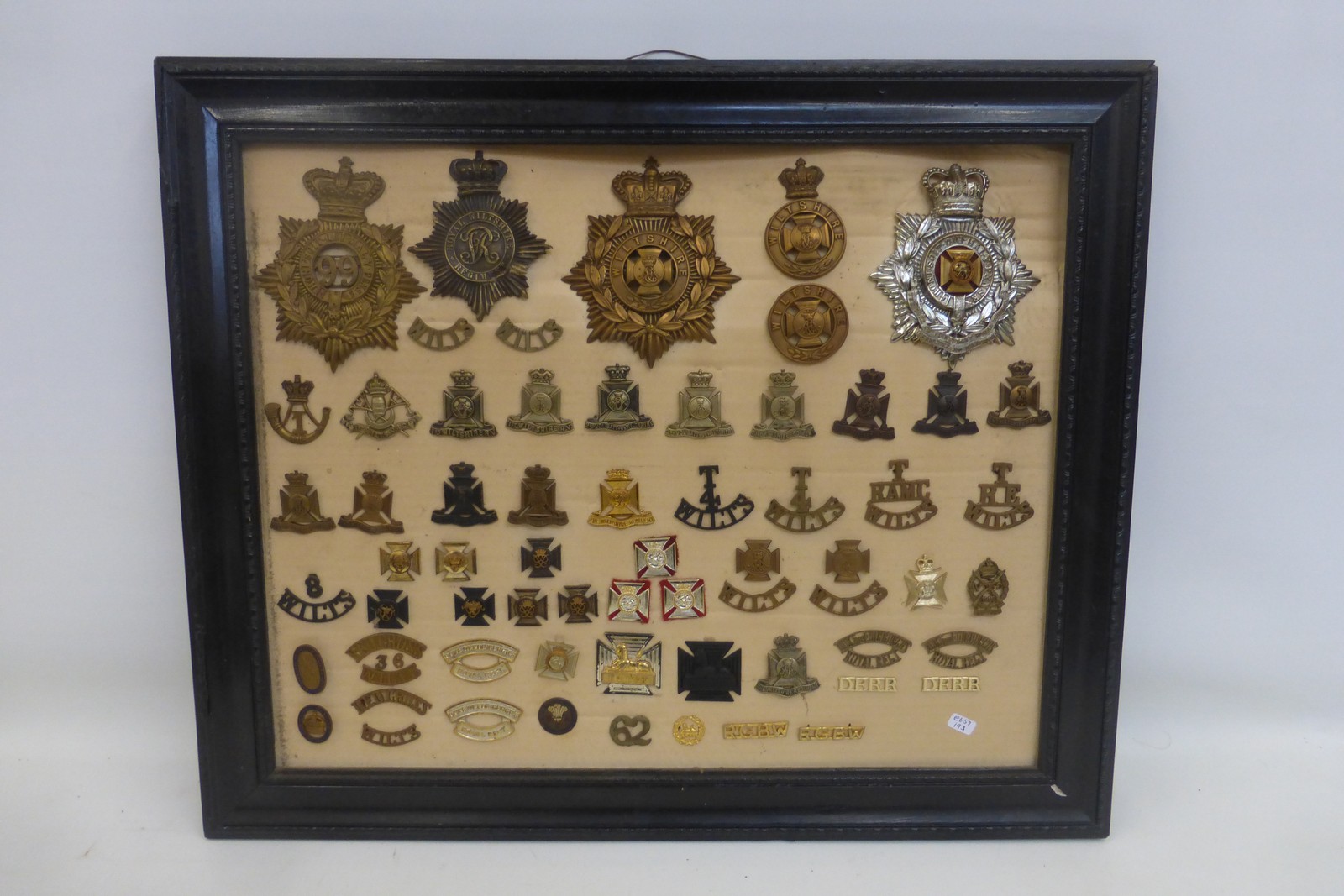 A framed display of 61 Wiltshire Regiment helmet plates, cap badges and shoulder titles.