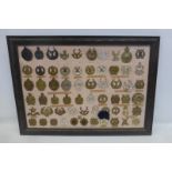 An oak framed display of 61 Scottish Regimental cap badges.