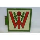 A small and unusual double sided WI enamel sign with hanging flange (flat), 12 3/4 x 11 1/2".