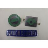 Three "London Country" chromed and enamel bus badges of various designs.