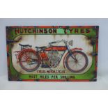 A decorative oil on board advertising Hutchinson Tyres, depicting an Indian motorcycle to the