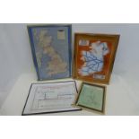 Four framed and glazed railway maps including a 1948 British Rail map of England.