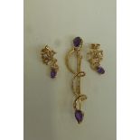 A 9ct gold, amethyst and seed pearl earring and brooch set, approximate weight 6.8g.