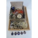 A box of assorted costume jewellery including silver medals.