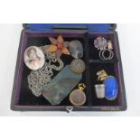 A box of assorted costume jewellery including gold, amber and amethyst.