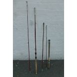 A two piece Hardy fishing rod and a three piece split cane fishing rod.