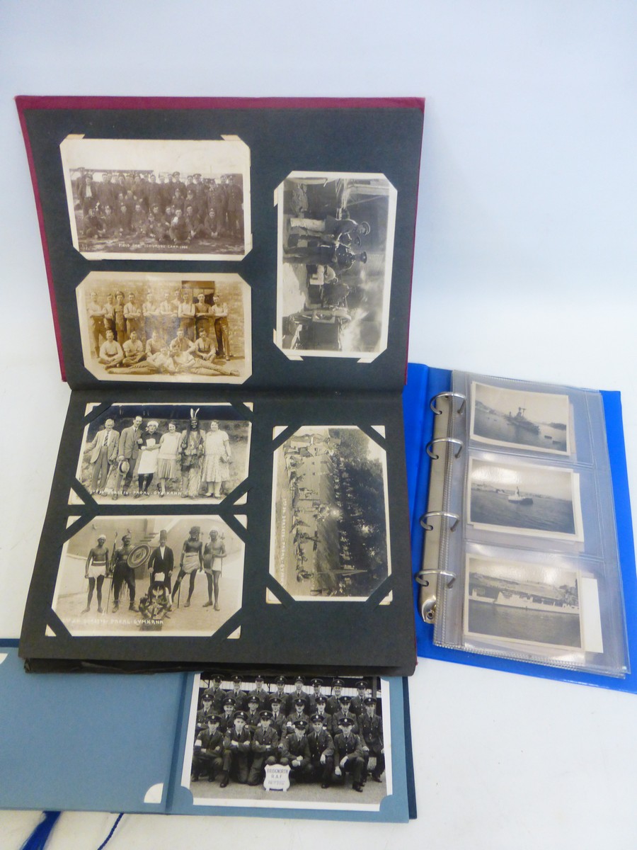 Three albums of 64 military photographs and postcards.