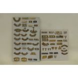 Two display cards of in excess of 60 brass and staybrite shoulder titles including Ghurkha, 7GR,