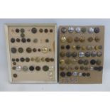 Two display cards of military, police and other buttons including detector finds.
