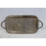 A large silver plated serving tray, approximately 23 1/4 x 10 1/2" including handles, engraved: Maj.