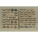 Two display cards of 70 brass and staybrite shoulder titles including Ox & Bucks, Queens, Royal