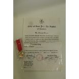 The Order of Saint John the Baptist of America medal with certificate of issue to Malcolm Trevatt in