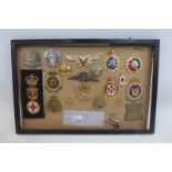 A framed display of 20 military, Red Cross and police badges. The Loyal Edmonton Regiment badge is